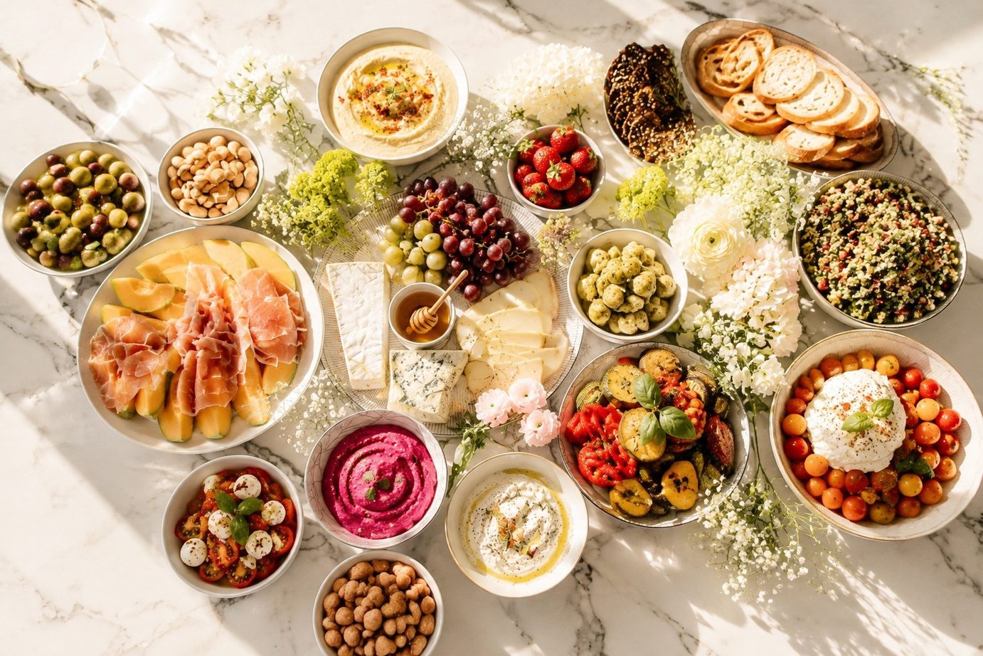 Table gourmande vue du dessus, planche partagée